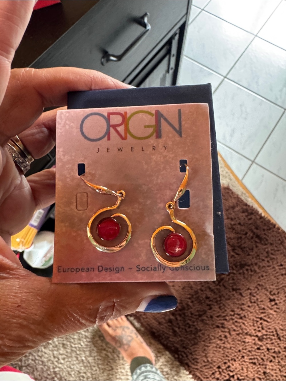 Gold-Tone Hoop Earrings with Red Accent